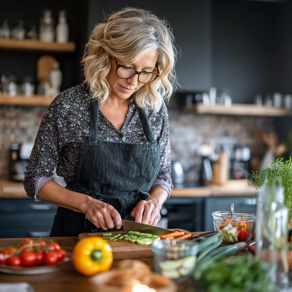 Middle-aged woman preparing healthy balanced meal in modern kitchen