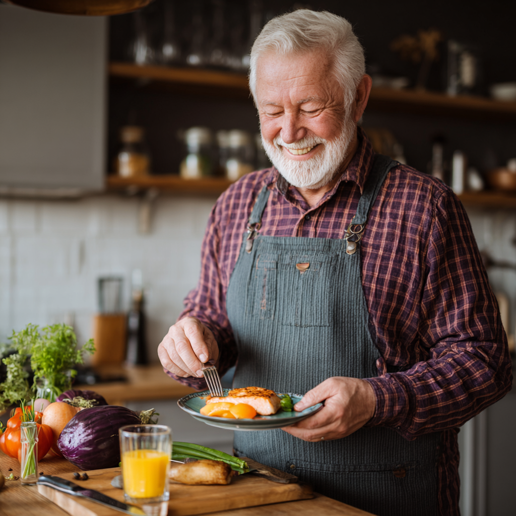 Senior man enjoying homemade healthy meal prepared with nutrition planning guidance